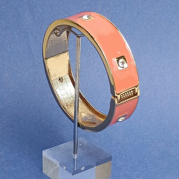 Retro Dusty Mauve Rhinestone Enamel Cuff Hinge Bangle Bracelet Clamper Gold Tone - Picture 4 of 5